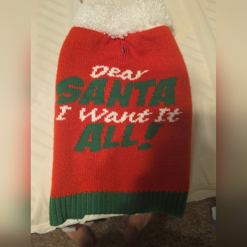 Dog Christmas Sweatar Size Small/Med Santa I Want It All Red Green And White